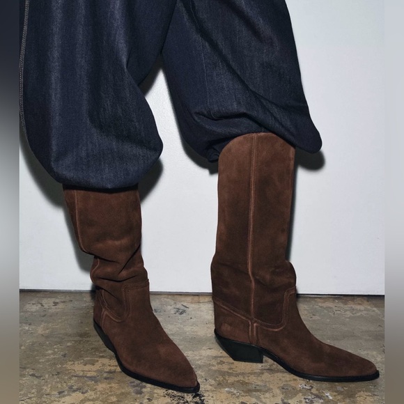 ZARA SPLIT LEATHER SUEDE BROWN HEELED COWBOY BOOTS - Picture 6 of 6